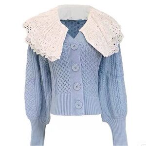 Blue Cable Knit Sweater with Lace Collar